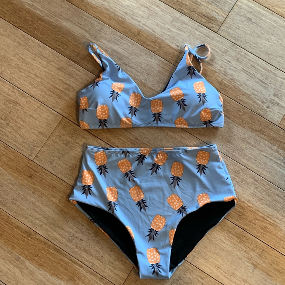 Pineapple Print High-Waist Bikini Set - Light Blue & Orange